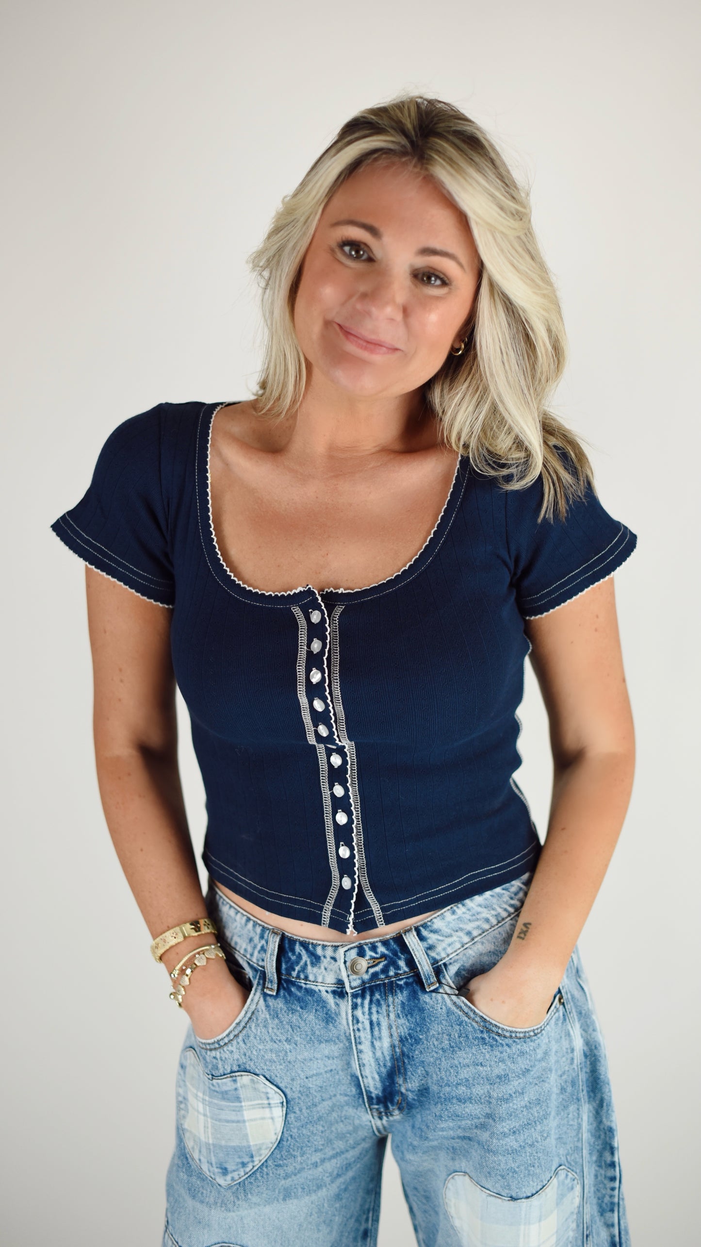 Anne Navy Scalloped Embroidered Cotton Top
