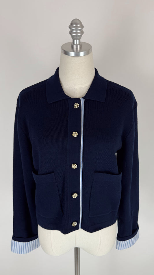 Grace Navy Trimmed Knit Cardigan