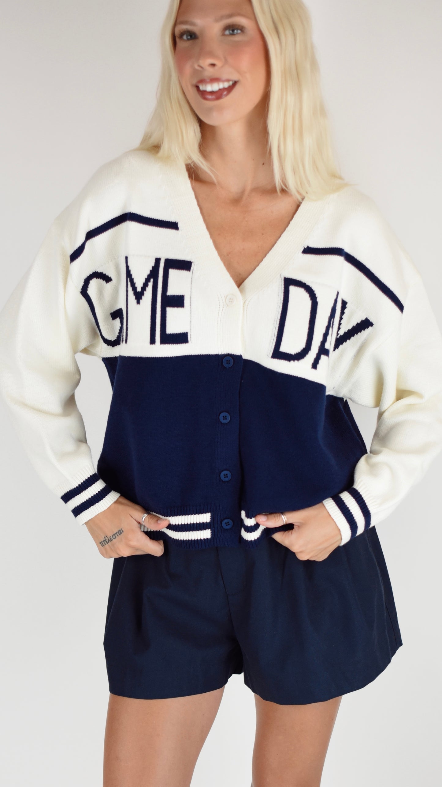 Game Day Cream Navy Cardigan