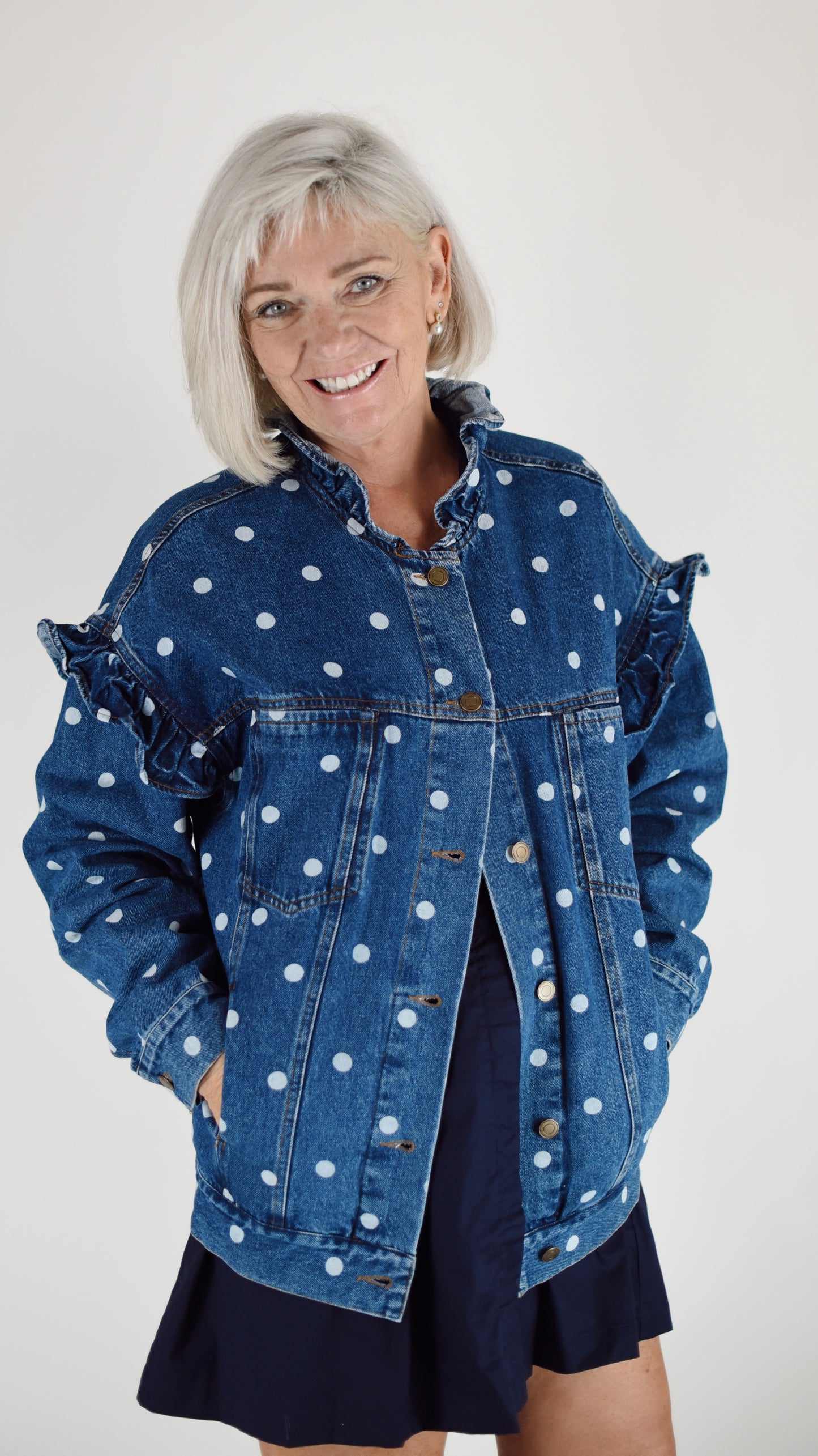 Agnes Denim Polka Dot Ruffle Jacket
