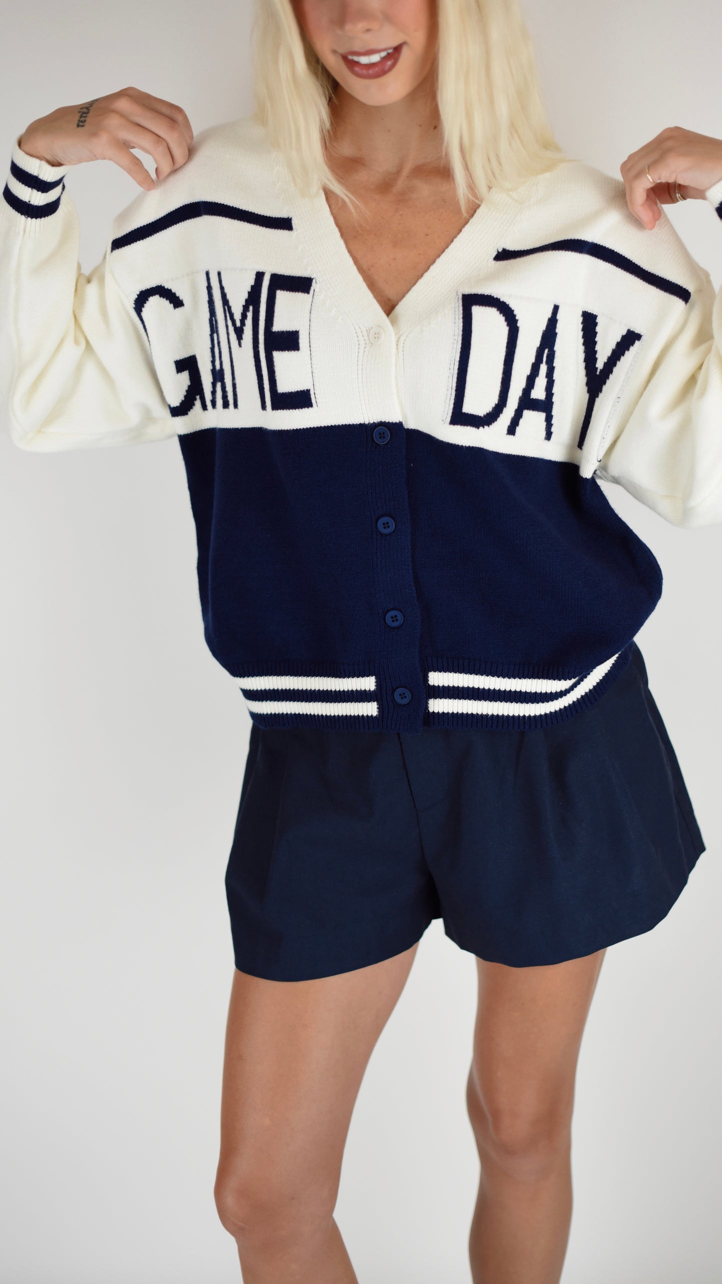 Game Day Cream Navy Cardigan