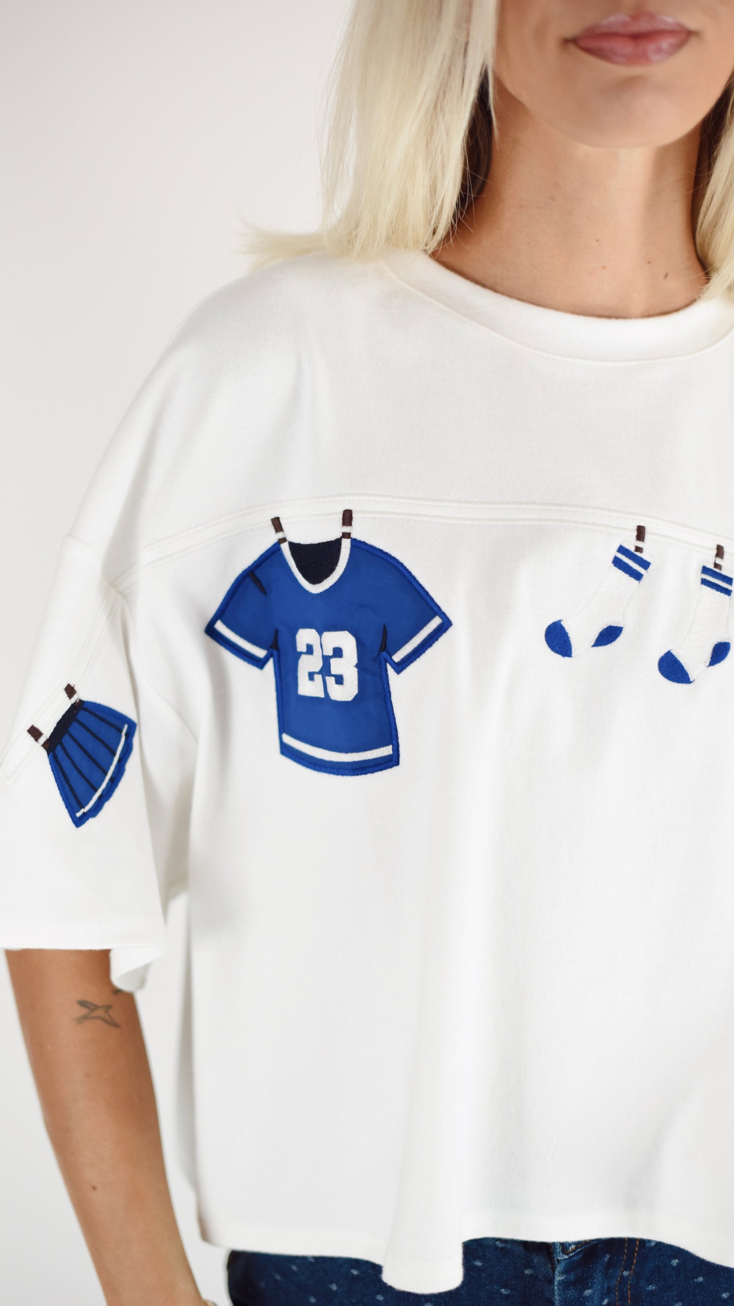 Football Embroidered White Boxy Top