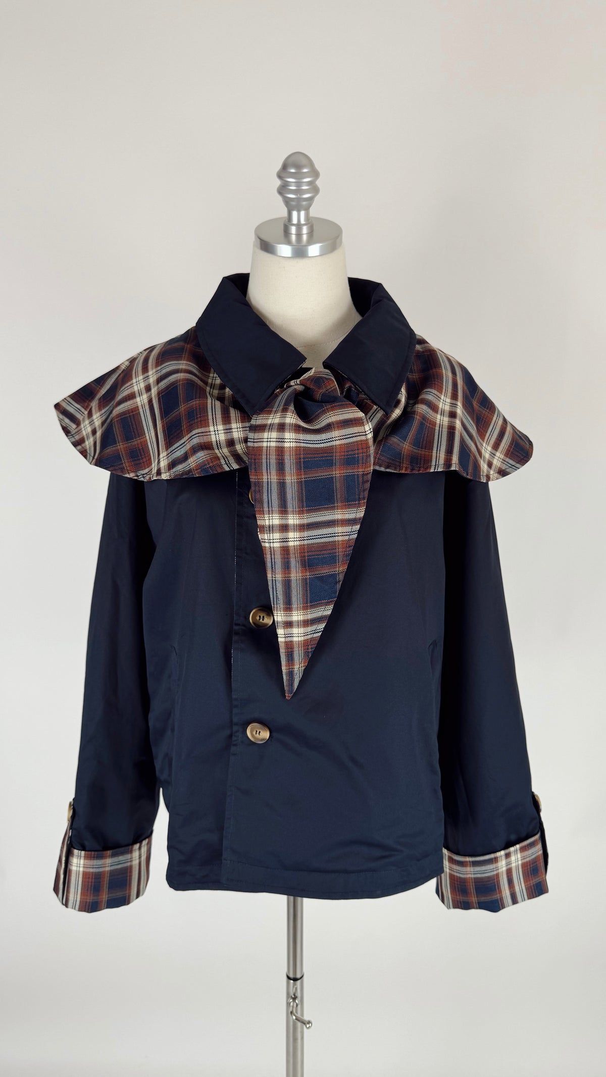 Caroline Navy Reversible Plaid Cape Jacket