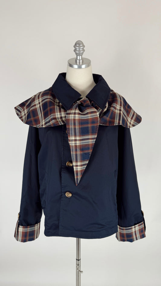 Caroline Navy Reversible Plaid Cape Jacket