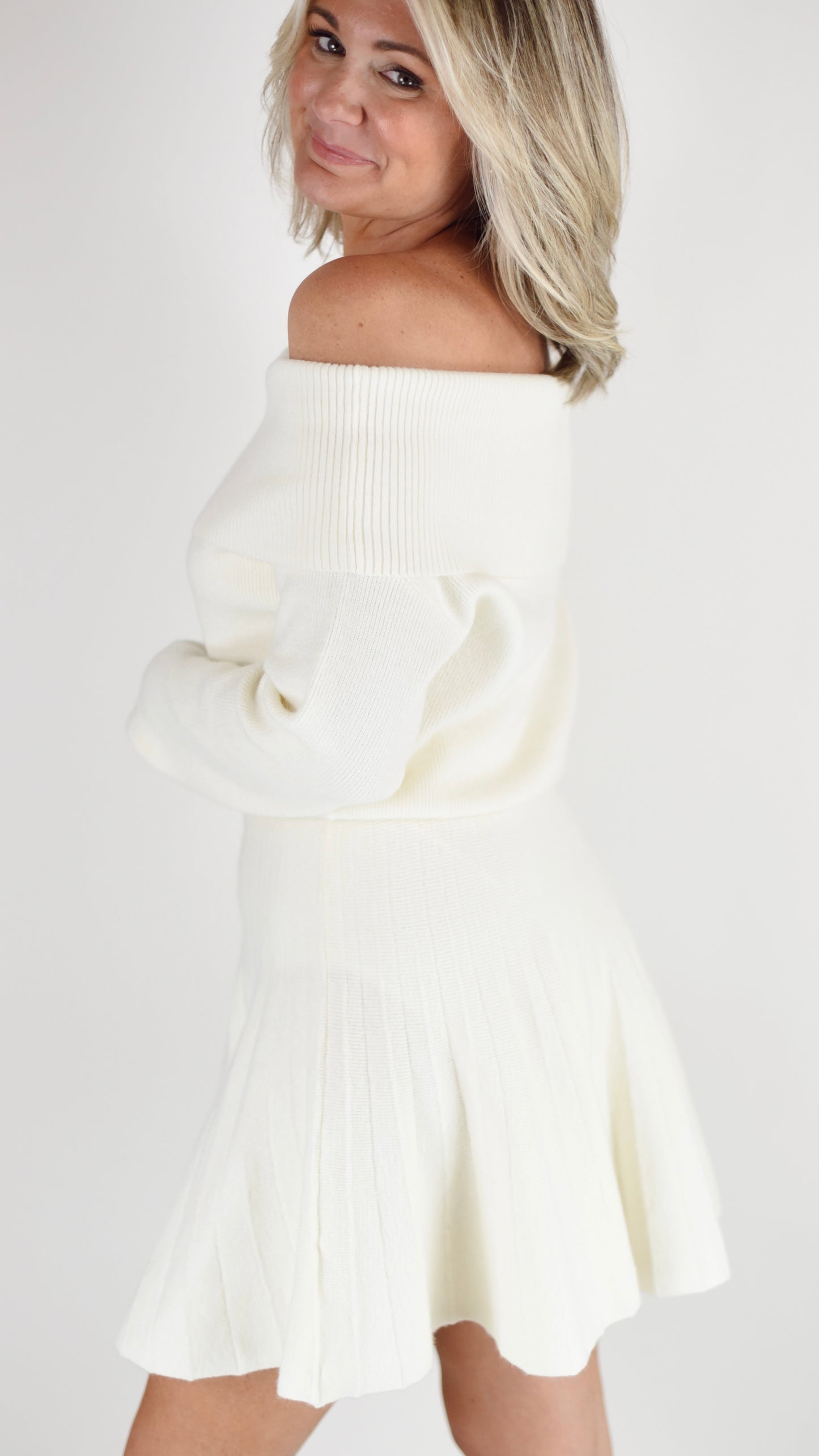 Martha Off Shoulder Cream Sweater Dress