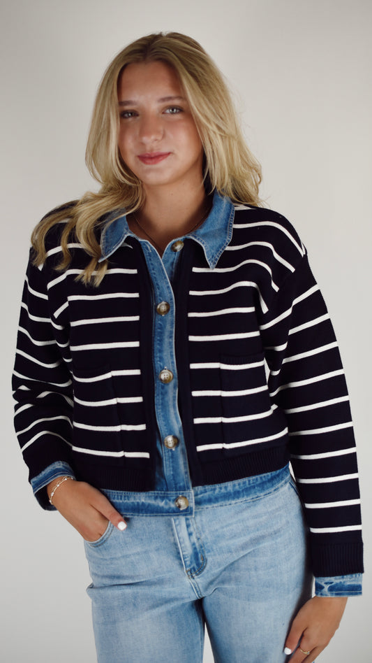 Adeline Stripe Knit Denim Button Cardigan
