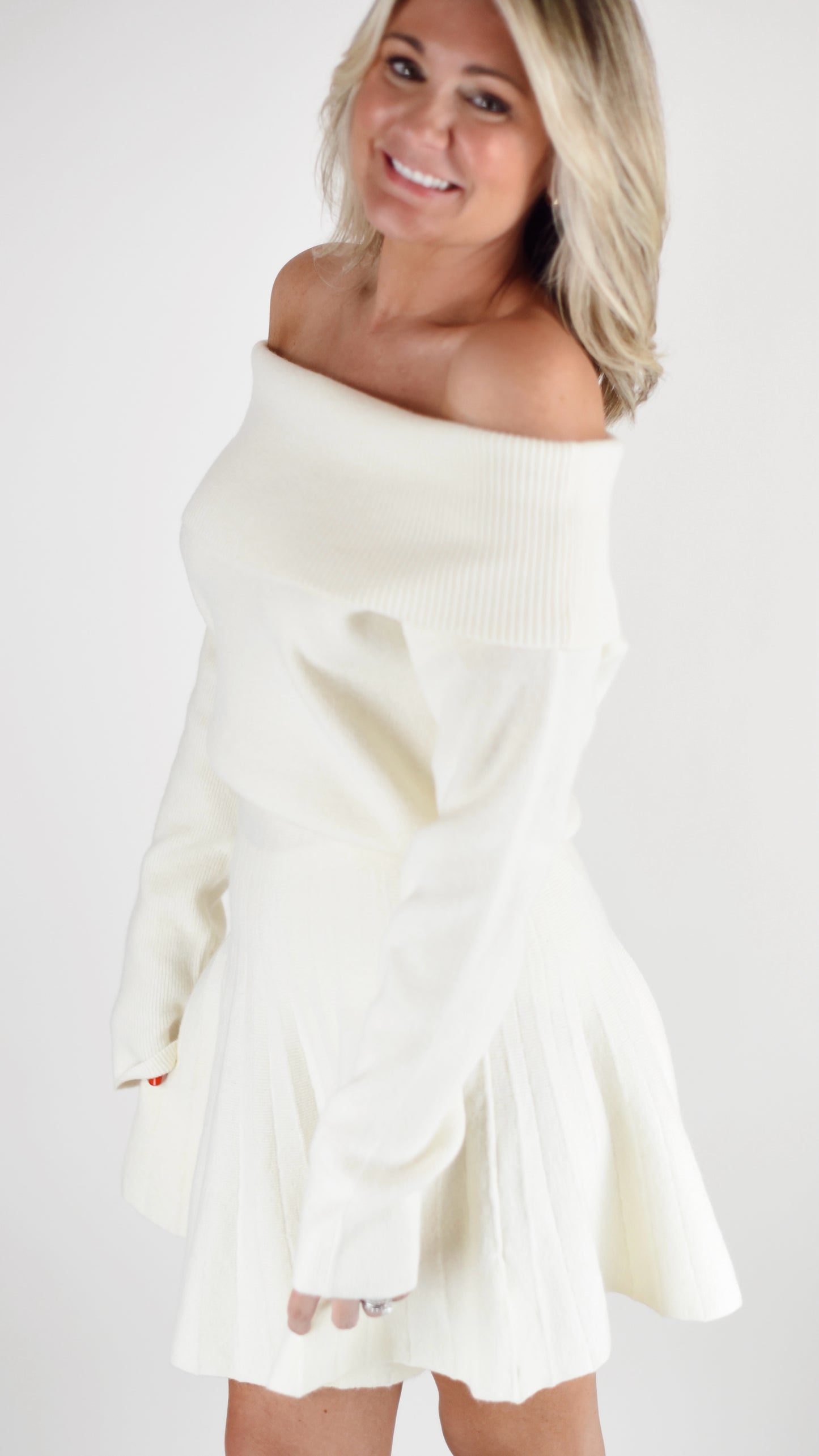 Martha Off Shoulder Cream Sweater Dress