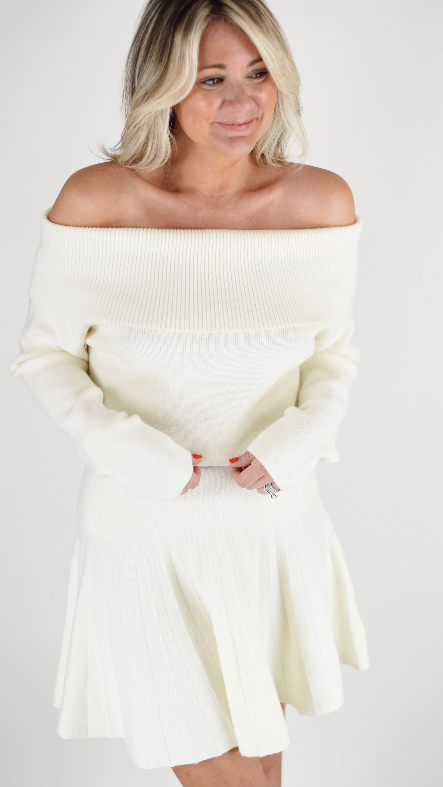 Martha Off Shoulder Cream Sweater Dress