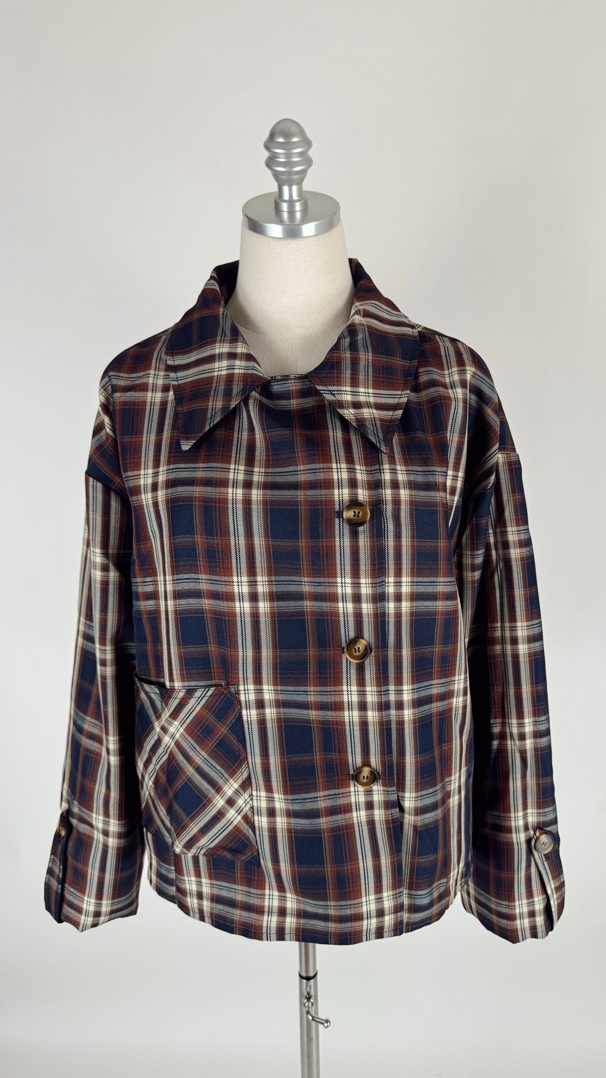 Caroline Navy Reversible Plaid Cape Jacket