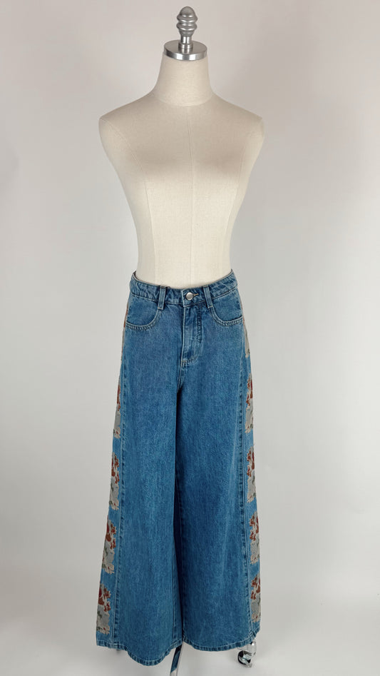 Brianna Floral Embroidered Cotton Wide Leg Jean