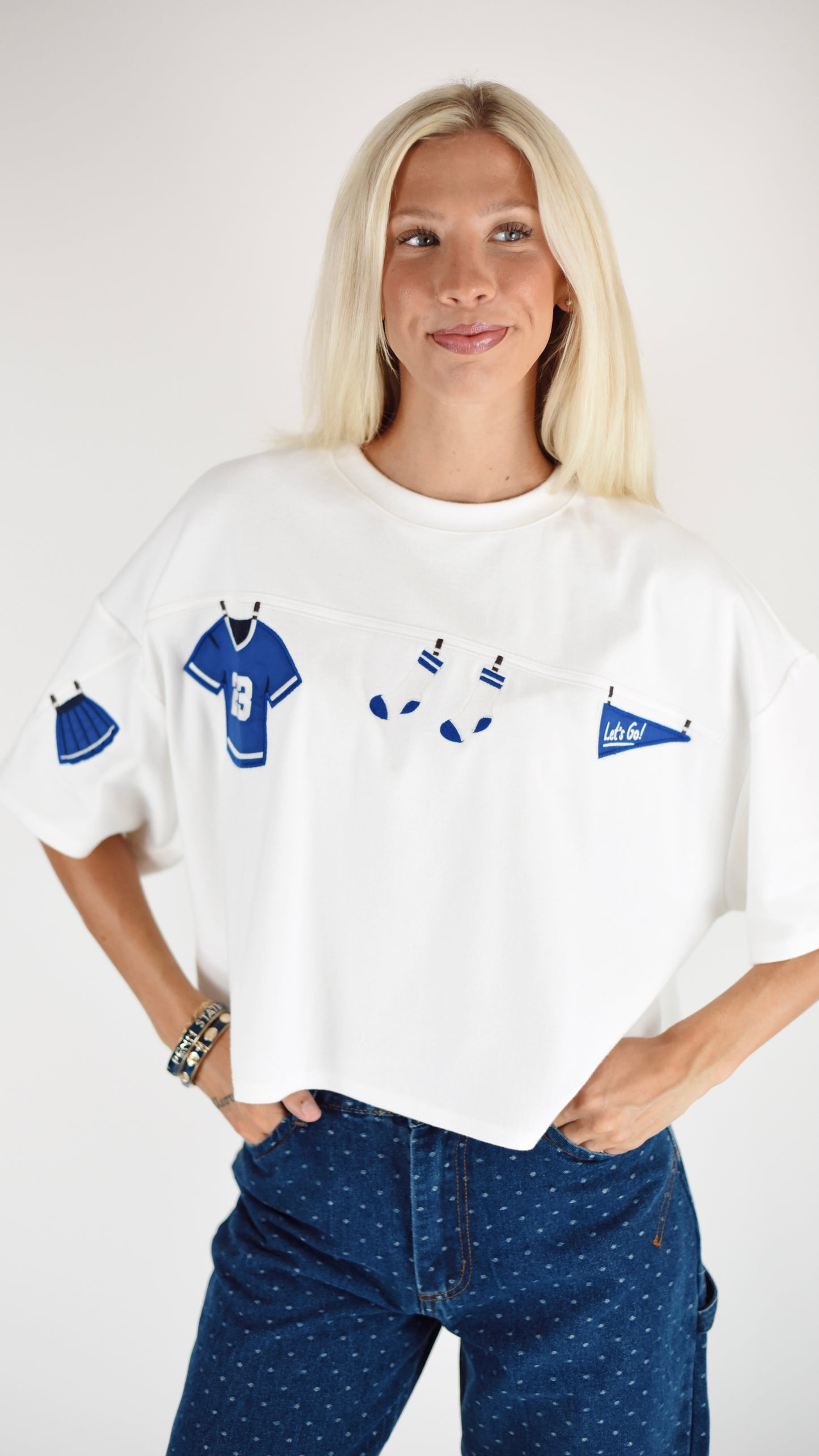 Football Embroidered White Boxy Top