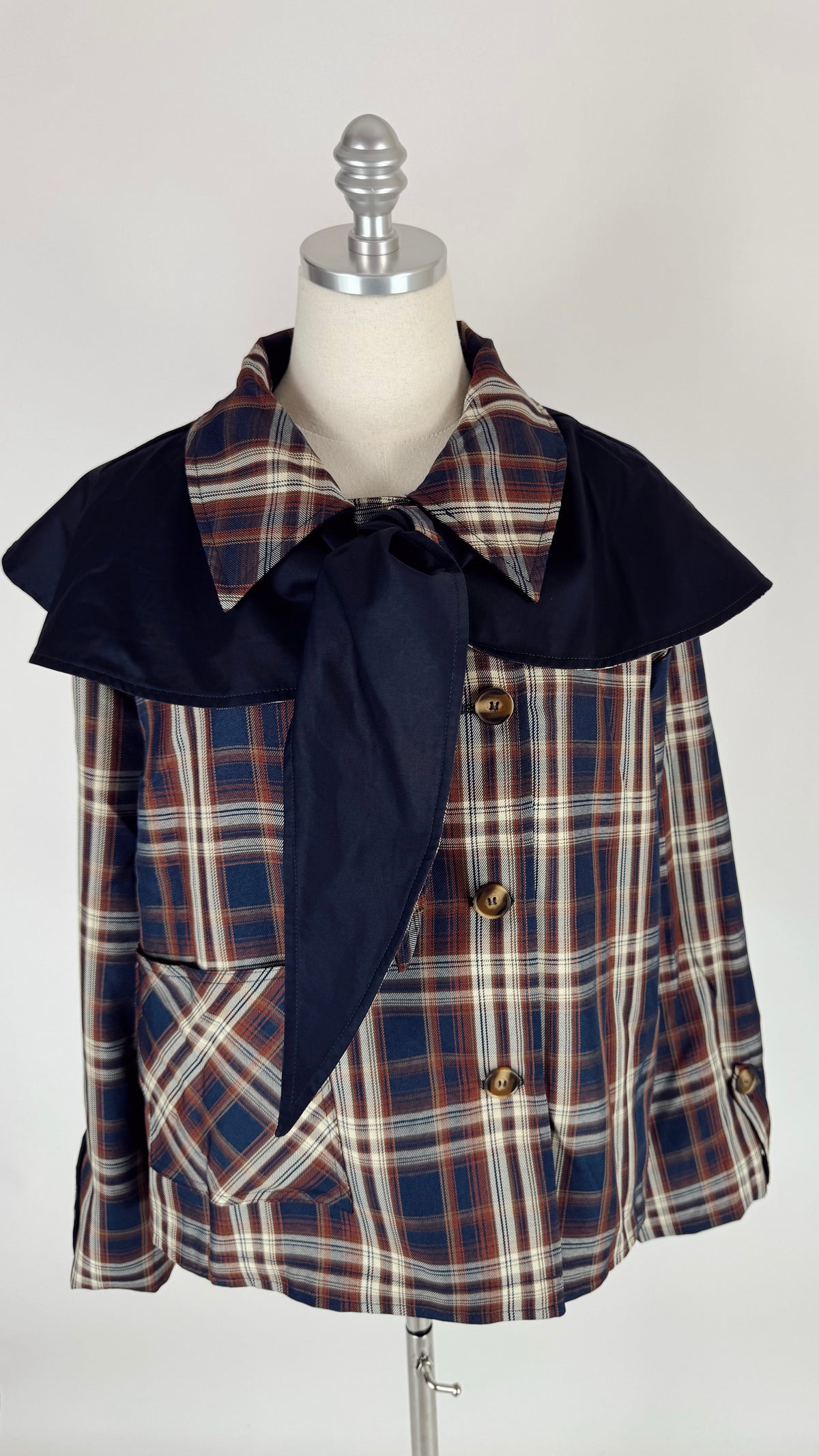 Caroline Navy Reversible Plaid Cape Jacket