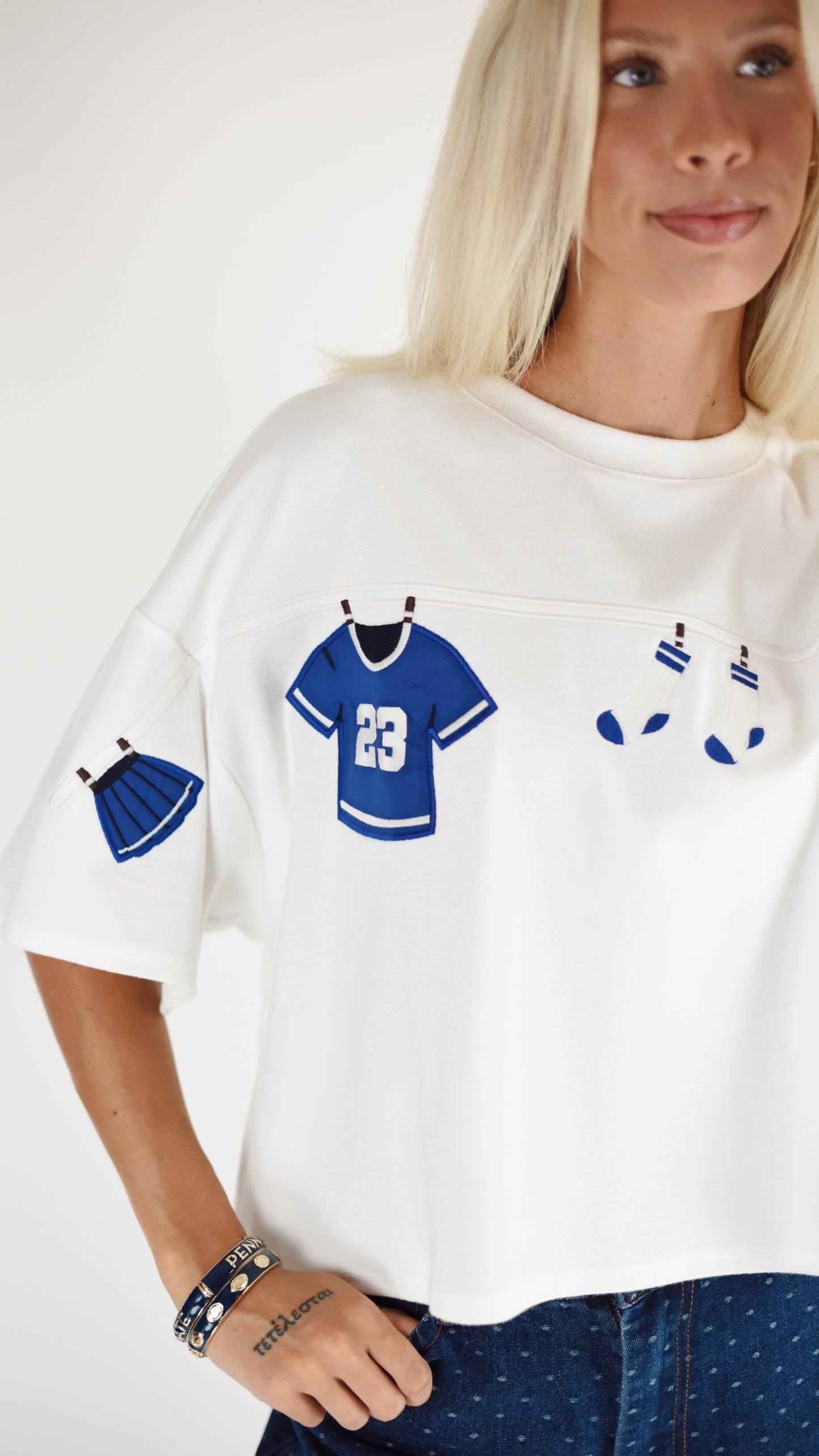 Football Embroidered White Boxy Top