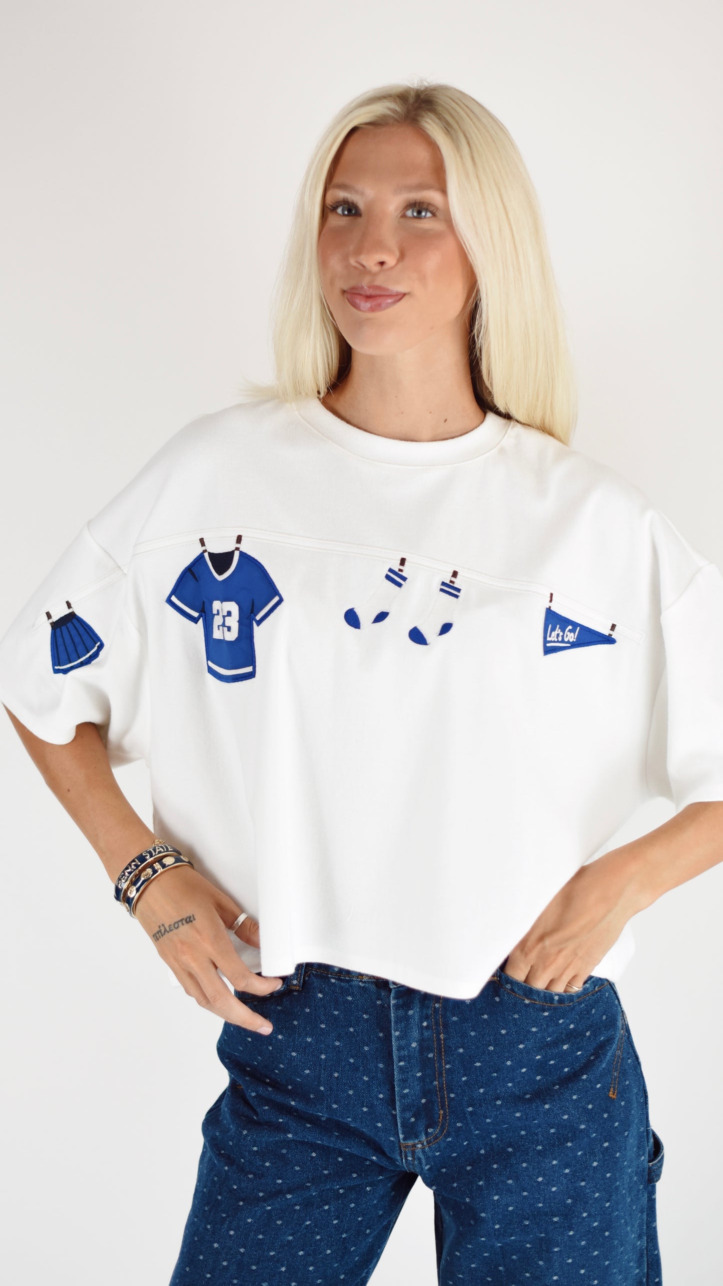 Football Embroidered White Boxy Top