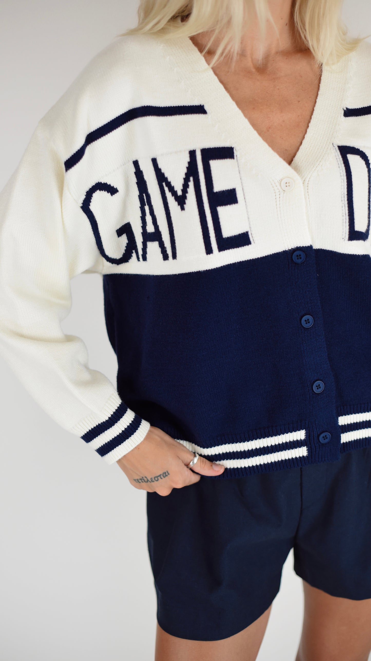 Game Day Cream Navy Cardigan