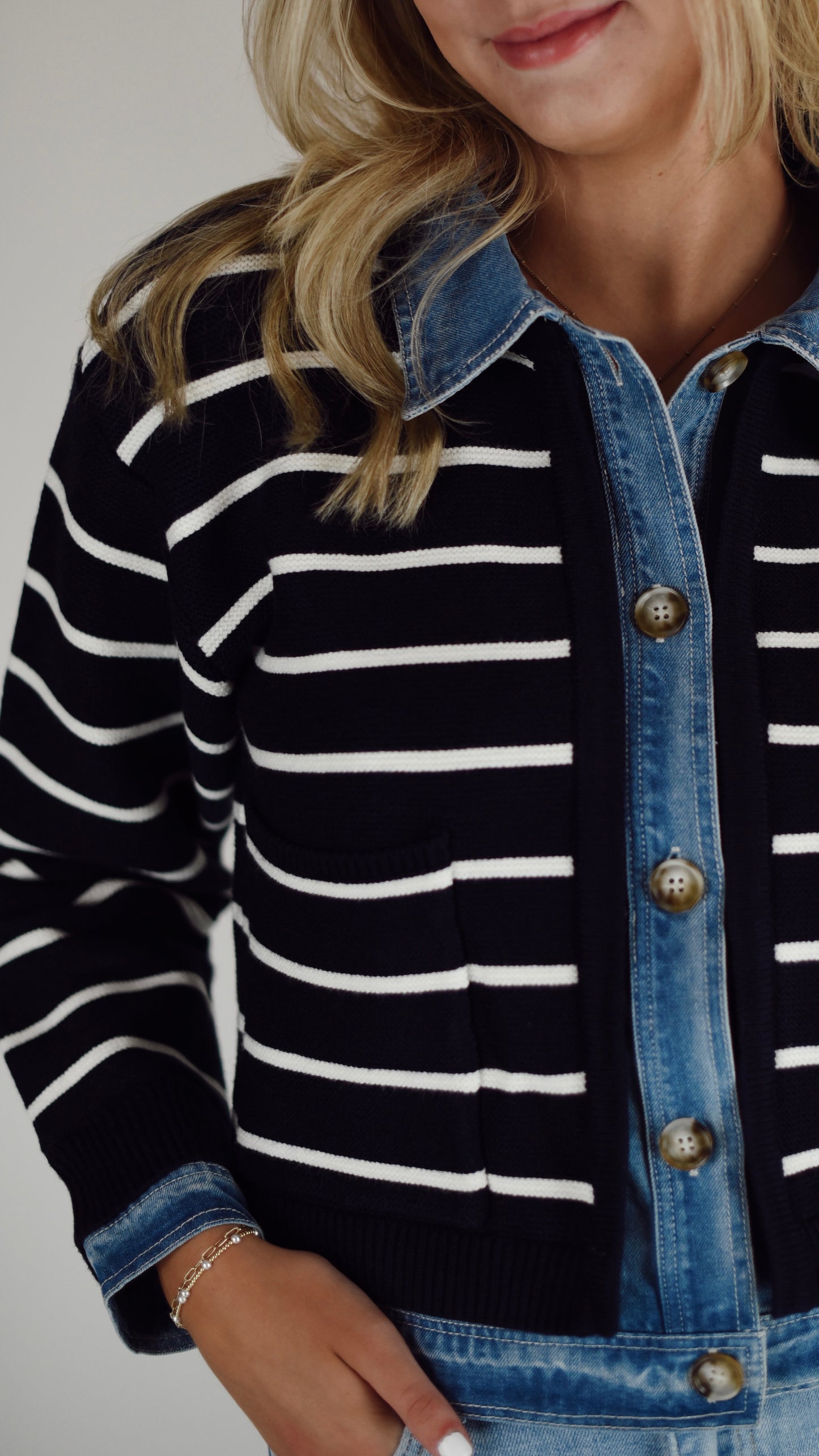 Adeline Stripe Knit Denim Button Cardigan