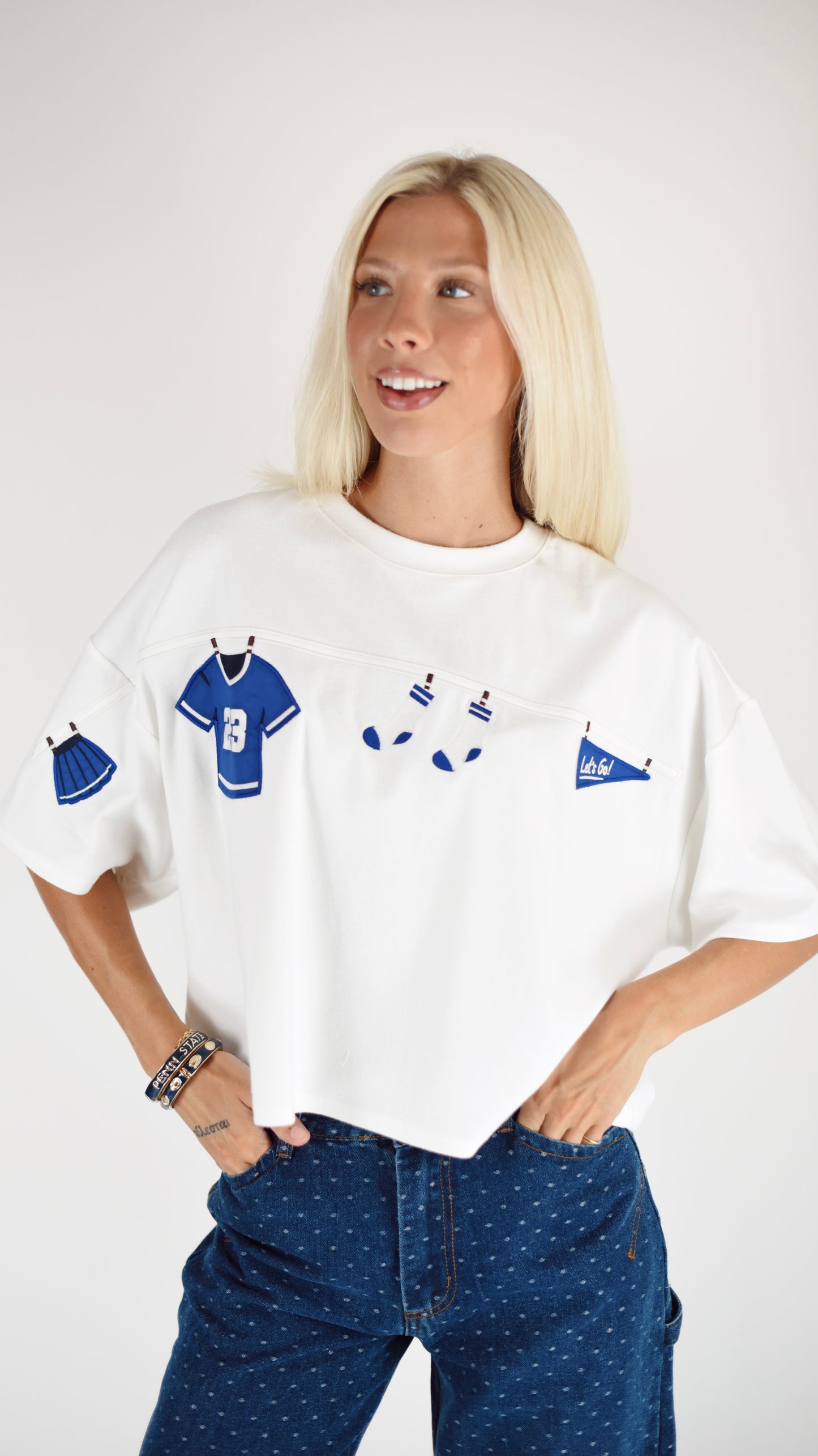 Football Embroidered White Boxy Top