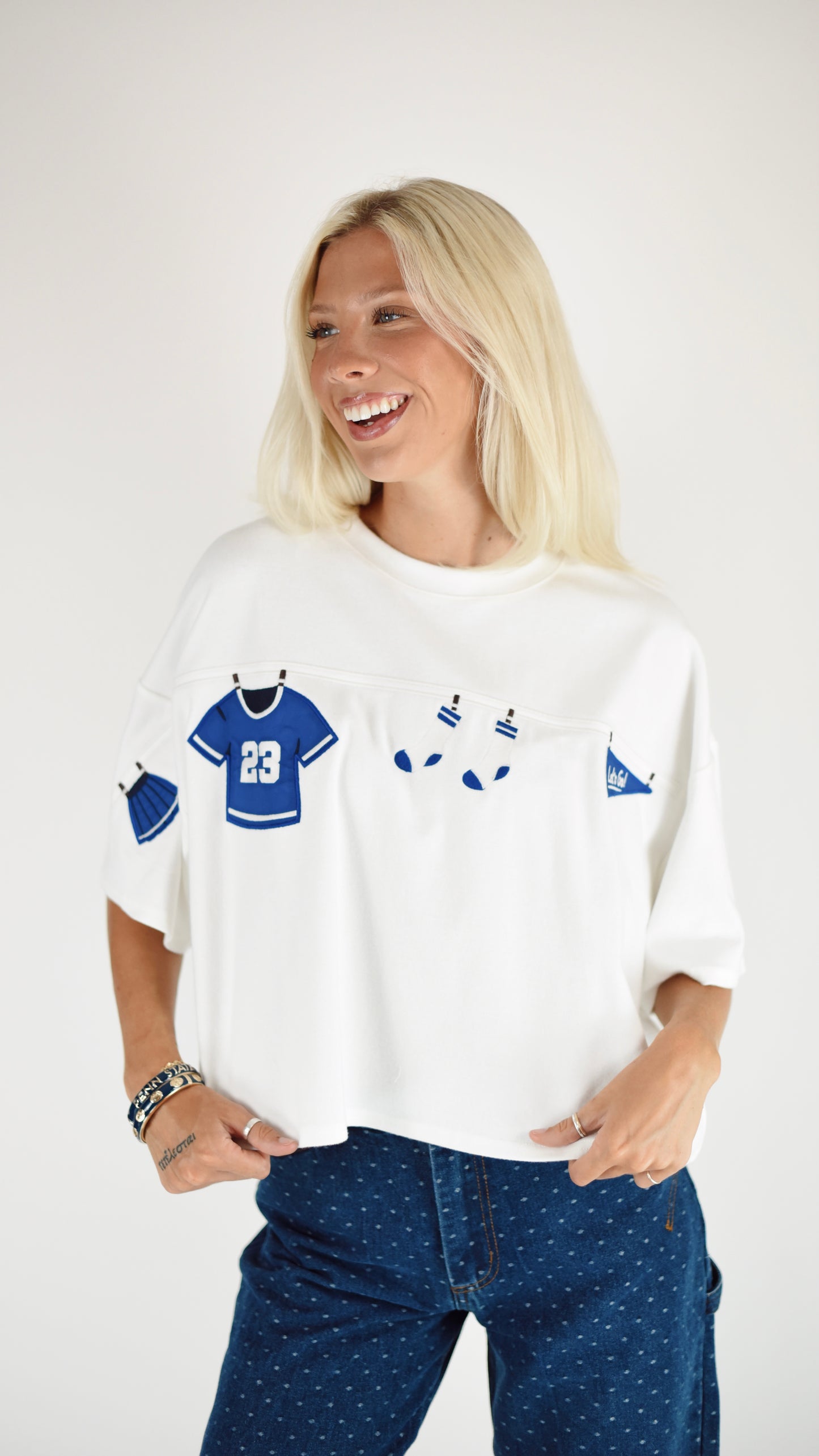 Football Embroidered White Boxy Top