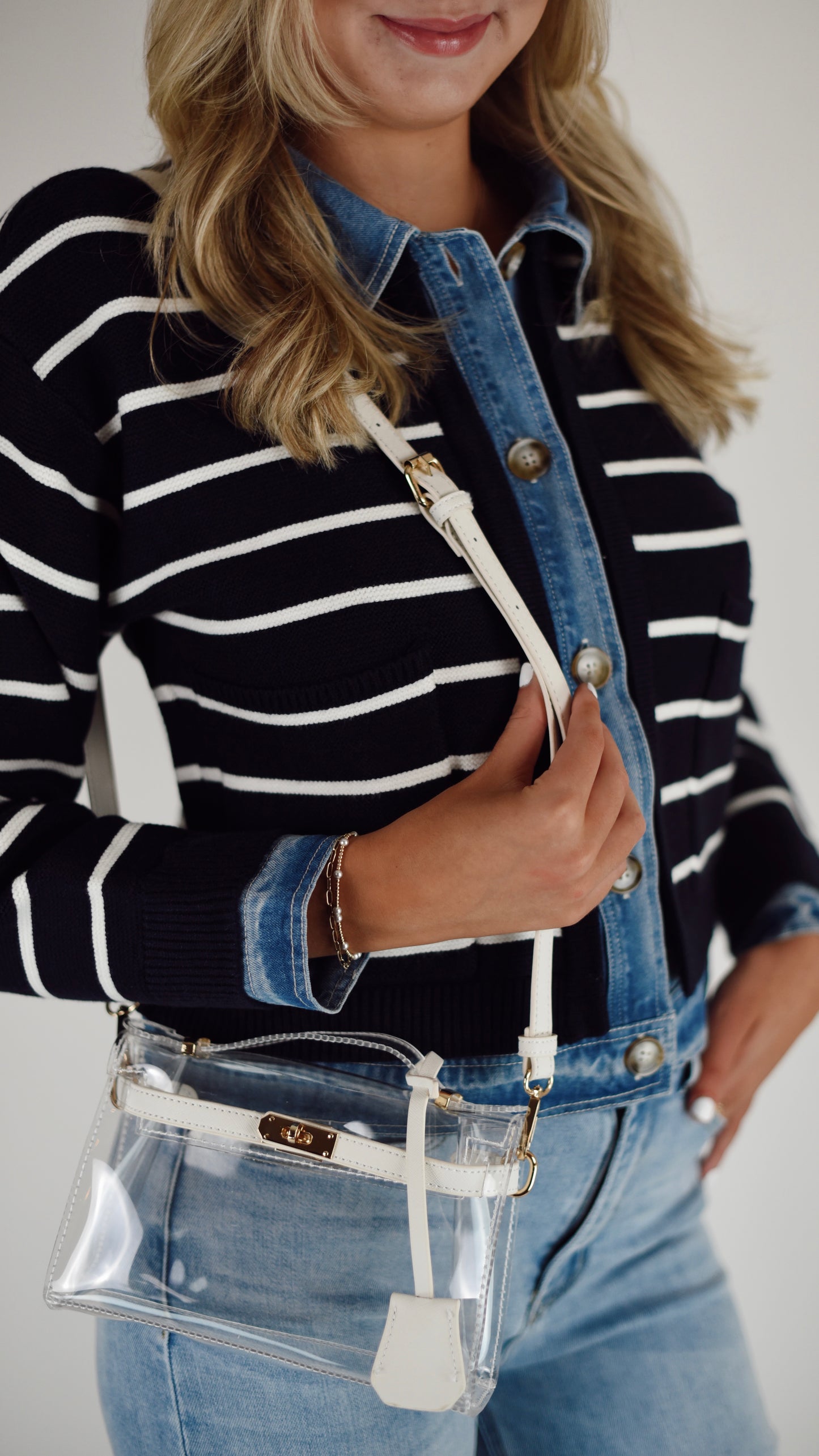 Adeline Stripe Knit Denim Button Cardigan