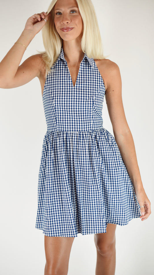 Dakota Blue Gingham Halter Dress