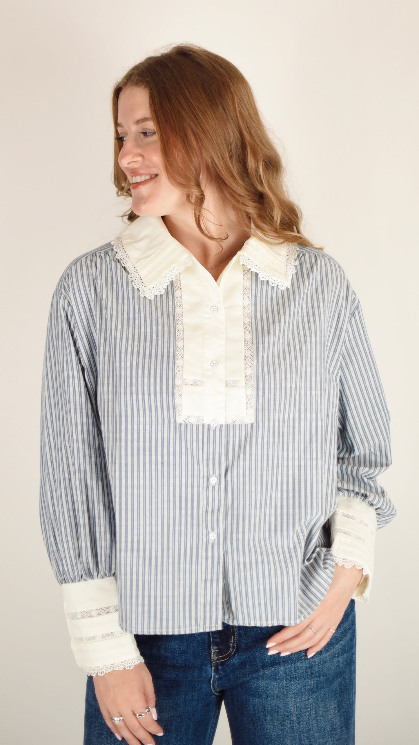 Shirley Blue Lace Detail Button Down