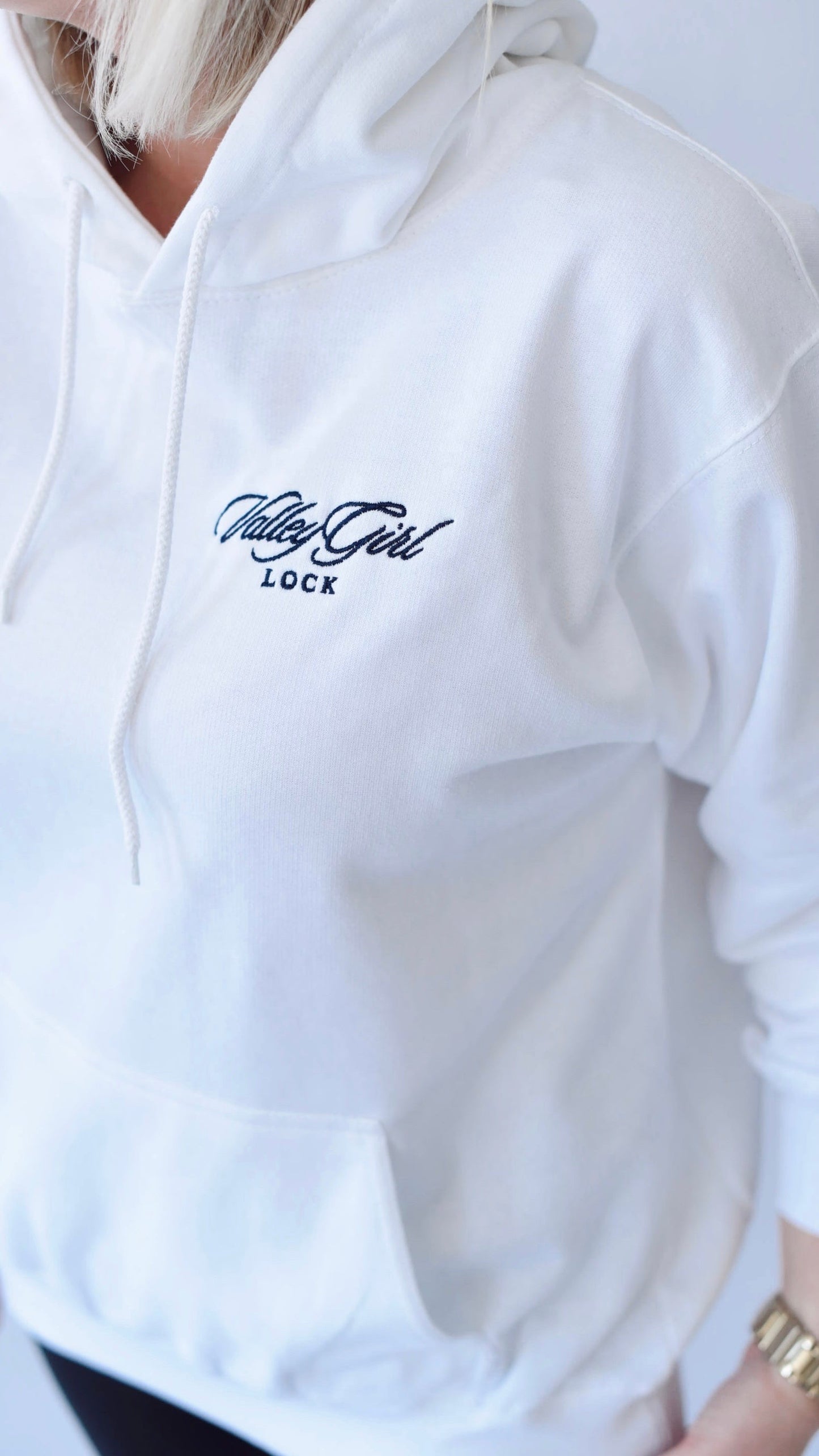 Valley Girl White Hoodie (with back embroidery)