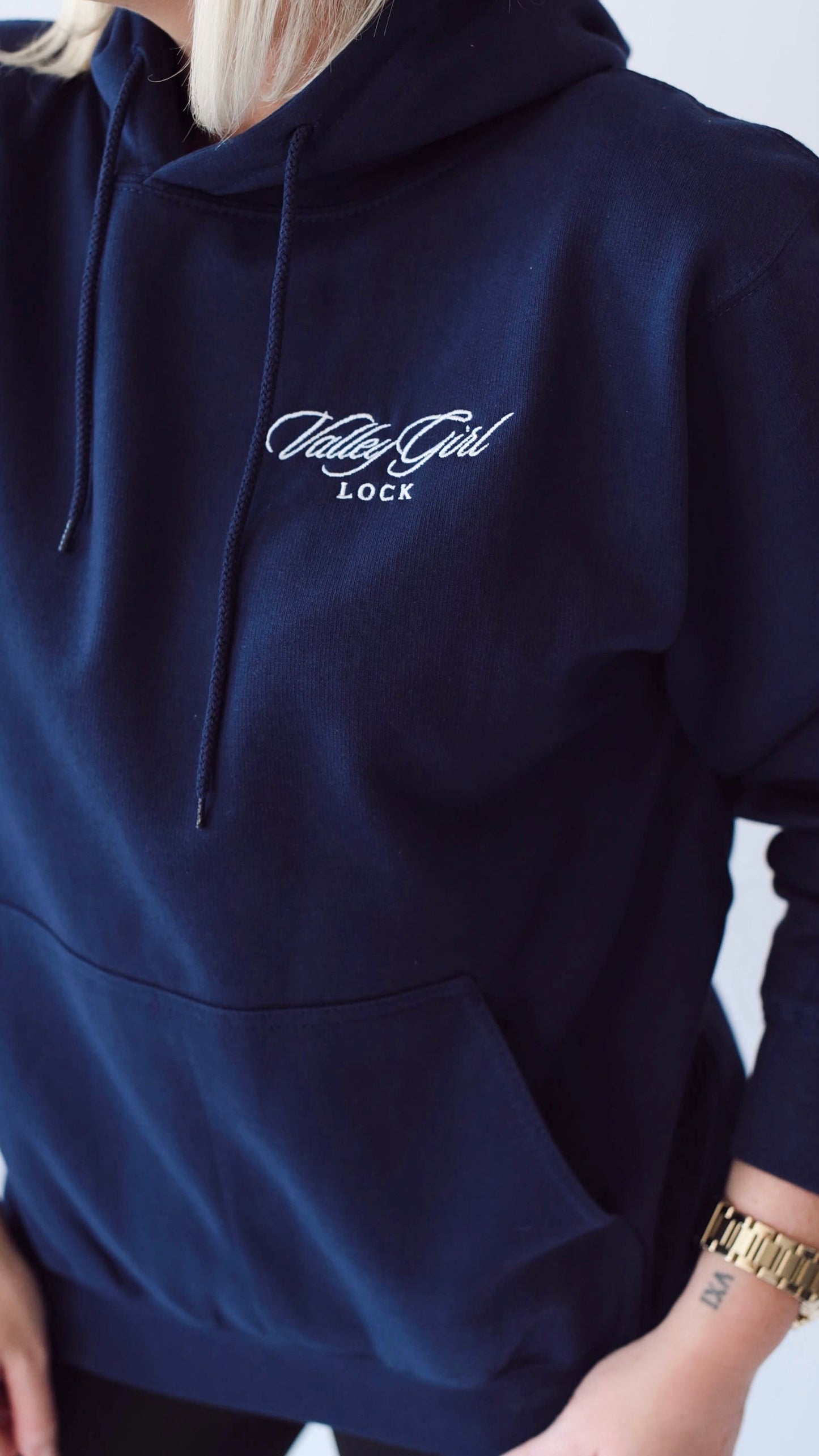 Valley Girl Navy Hoodie (with back embroidery)